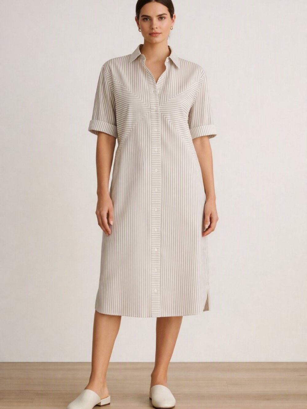John Henry Tan & Cream Striped Shirt Dress short cuffed sleeves Pockets Size10P - Picture 1 of 14